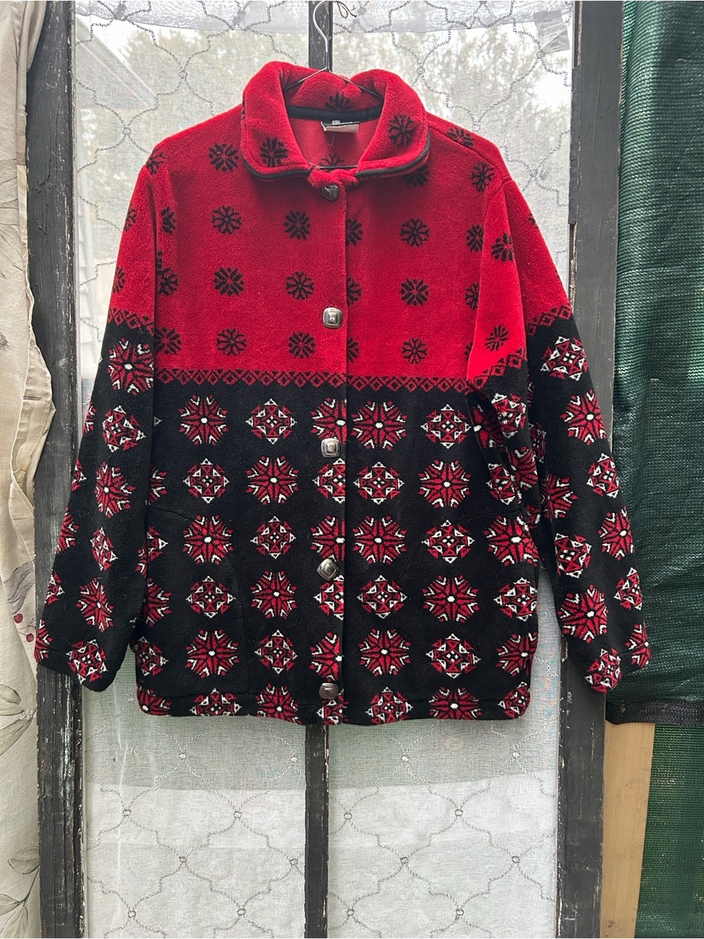 Cityscape Vintage Fleece Red Black Fair Isle Snowflake Button Up Medium New